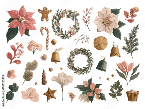 Vintage Christmas Floral Clipart with Poinsettia, Gingerbread, and Holiday Decor