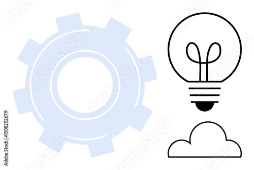 Large gear symbol beside a light bulb and a cloud outline representing innovation, technology, teamwork, growth, problem-solving, digital transformation, creativity. Ideal for futuristic themes, flat