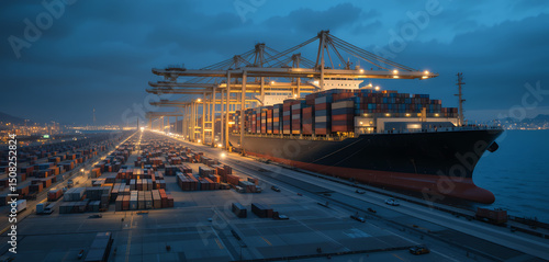 Nighttime view of a large container ship docked at a busy illuminated shipping port with rows of stacked containers and cranes