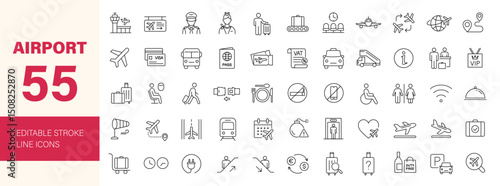 Airport icon set. Containing travel, ticket, passport, plane, transport, luggage, landing, check-in, pilot, stewardess, duty free and more. Editable line icons. Vector illustration.