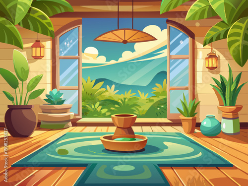 vector of Beautiful and clean interior background for yoga, zen, and meditation room, with calm and peaceful natural organic scenery.
