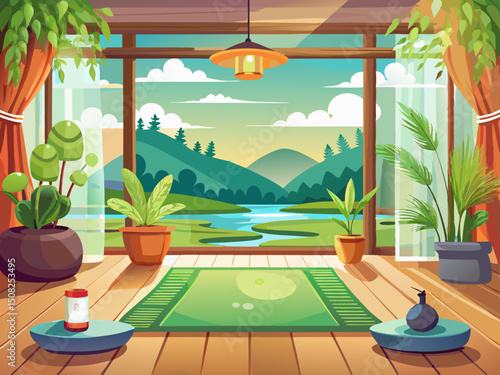vector of Beautiful and clean interior background for yoga, zen, and meditation room, with calm and peaceful natural organic scenery.