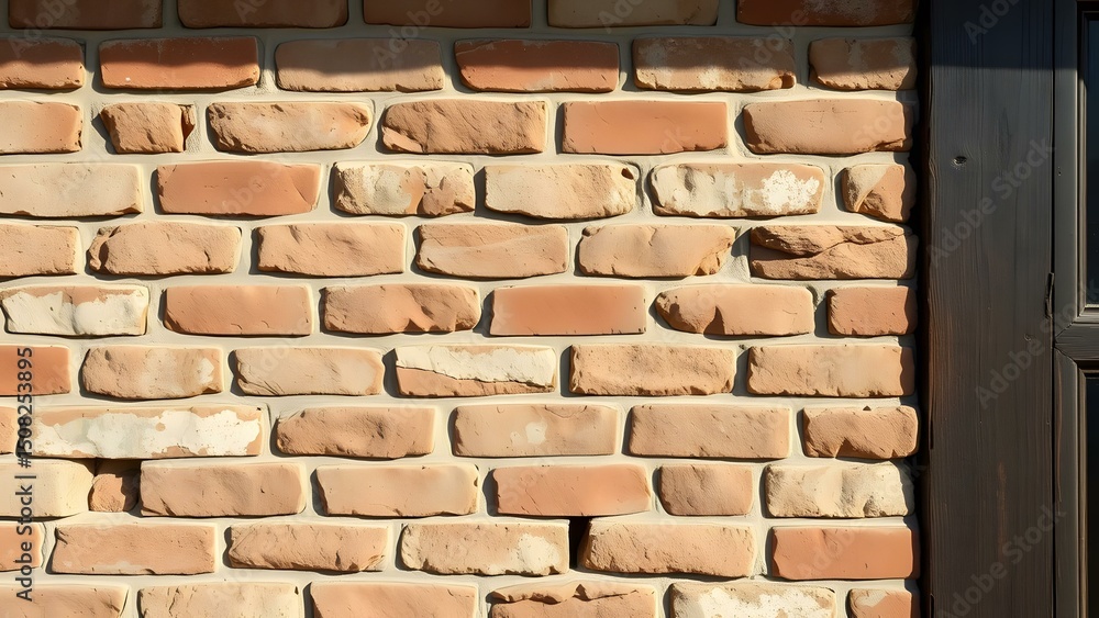 Fototapeta premium A close-up view of a textured brick wall showcasing warm tones and rustic elements for architectural design.
