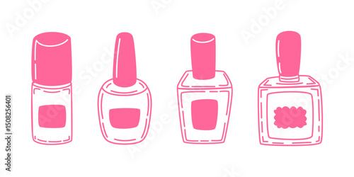 Hand-drawn nail polish bottles vector set in pink style. Sketch-style cosmetics illustration on white background.