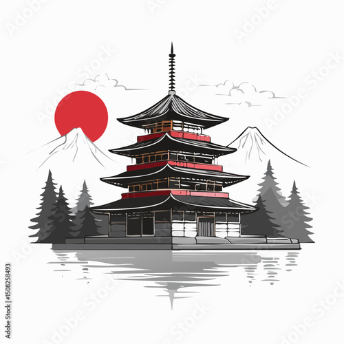 墨絵風の松本城を描いたベクター素材