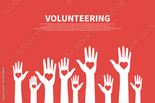 Vector illustration of raised hands with heart shapes in the center of each hand, symbolizing volunteering, charity, and social support. 