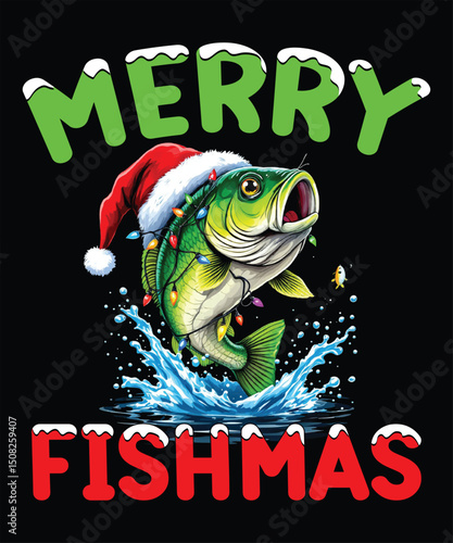 Merry Fishmas Christmas Fishing Holiday Greeting T-Shirt Design