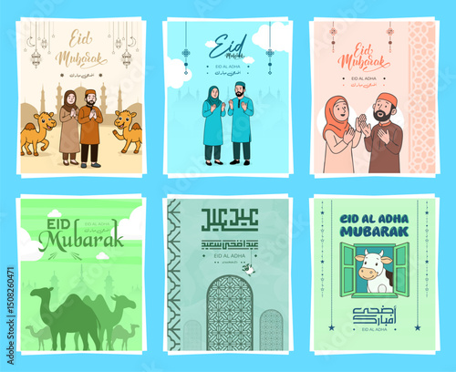 Creative Eid al-Adha vector illustrations with Arabic calligraphy, cartoon sheep, goats, camels, people, mosques, lanterns, and festive Islamic elements, perfect for greeting cards, posters