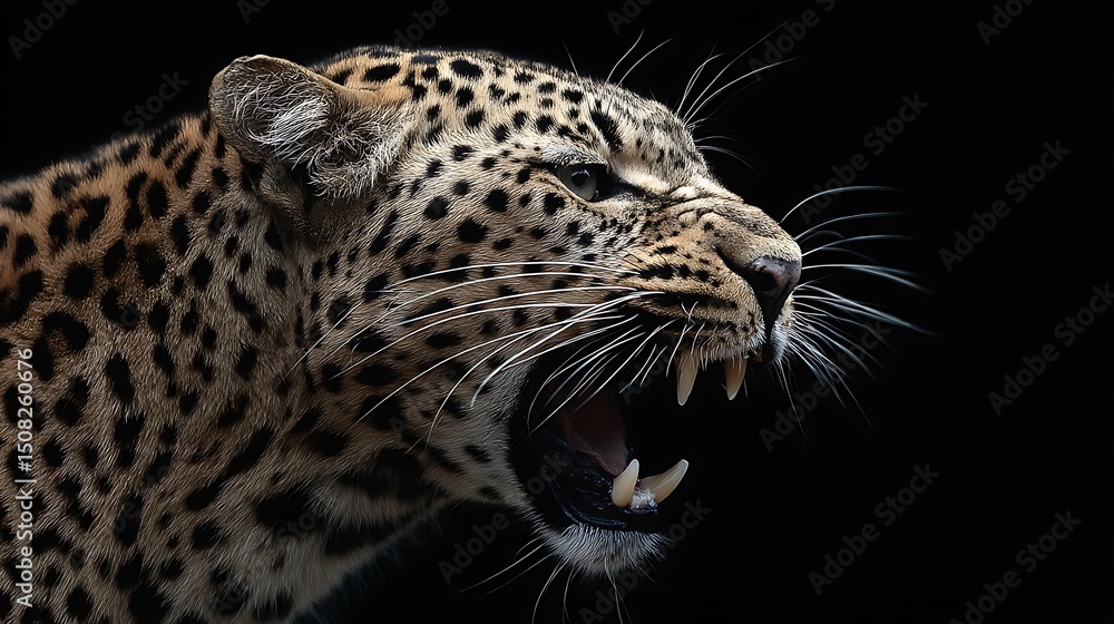 Fototapeta premium Leopard Head Reveals Sharp Teeth And Tongue As It Yells Against A Plain Black Background. Wild animal, predatory behavior, fierce expression, Wallpaper Background