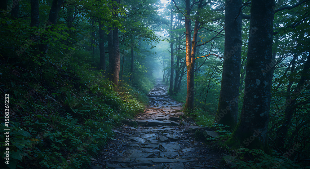 Fototapeta premium Mystical Stone Path Winding Through a Foggy Green Forest
