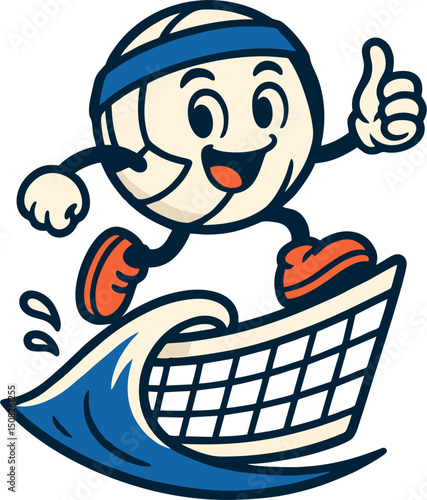 Volley Logo - Playful volleyball character surfing on net wave