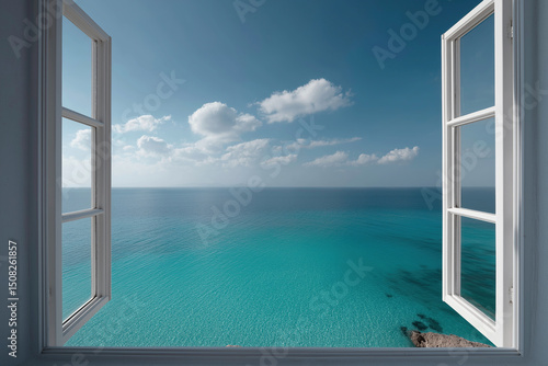 Crystal clear turquoise waters stretch endlessly beyond window