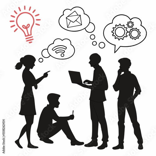 Team In Brainstorming Session Black Silhouette Ve