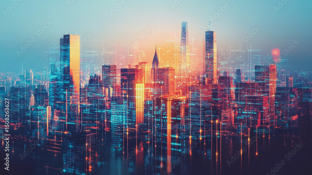 Fototapeta premium Smart digital Innovation City of the business world with connection financial business data all the time network reciprocity over the twilight cityscape. of future cyber security wireless digital city