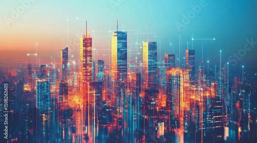 Wallpaper Mural Smart digital Innovation City of the business world with connection financial business data all the time network reciprocity over the twilight cityscape. of future cyber security wireless digital city Torontodigital.ca