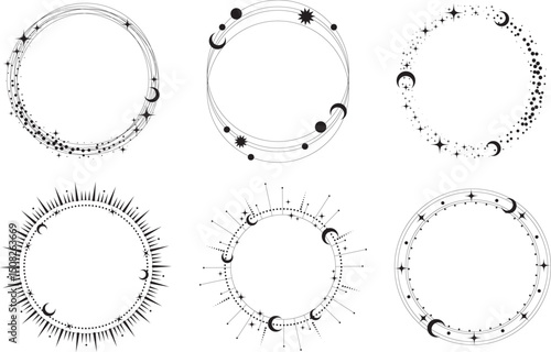 Circle frame with star dust. Round celestial border with sparkles on white background. Magic cosmic rings with astrology symbols. Spiritual elements for Christmas and astrology design