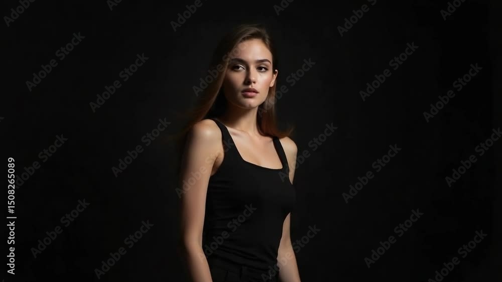 Elegant Woman in Black on Dark Studio Background Elegant Woman in Black on Dark Studio Background