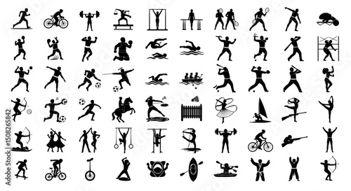 Silhouetted Figures Engaged in Various Sports and Activities