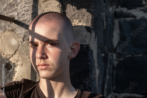 Wall Mural A shaved-head teenage boy with European features sits by a barred window in a prison cell, gazing calmly but bitterly into the camera