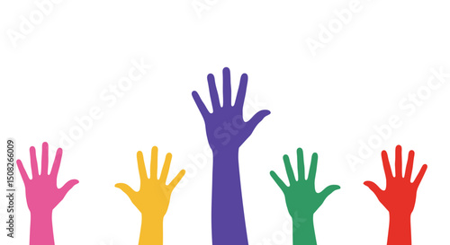 Colorful Hands Raised Upward in Unity and Diversity