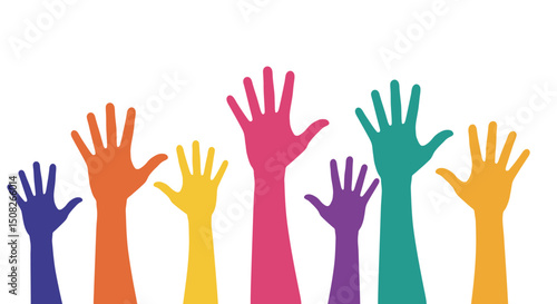 Colorful Hands Raised Upward in Unity and Celebration