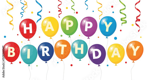 Colorful Happy Birthday Balloons with Confetti and Streamers Illustration