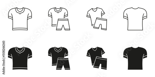 Sportswear And Casual Clothing Line And Solid Icon Set. Athletic Apparel, T-Shirts, And Shorts Symbol Collection. Fashion And Activewear Design Elements. Isolated Vector Illustration