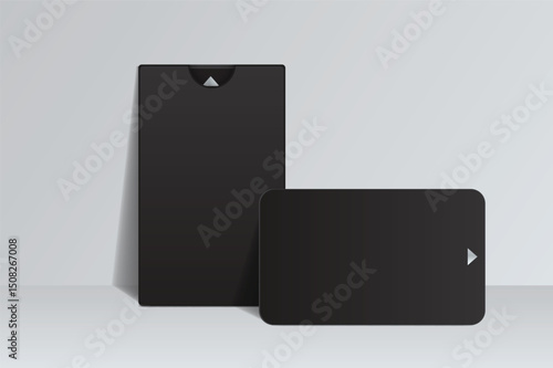 3D Realistic plastic hotel apartment keycard and booklet holder, open leaflet, bifold mockup isolated on background. Blank template  for hotel key card, credit card, notecard, postcard, invitation