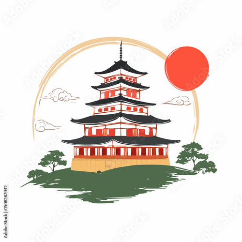 墨絵風の犬山城を描いたベクター素材