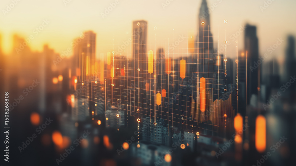 Fototapeta premium Smart digital Innovation City of the business world with connection financial business data all the time network reciprocity over the twilight cityscape. of future cyber security wireless digital city