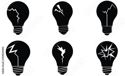 Broken Incandescent Light Bulb Silhouette Vector Set – Shattered Glass Lamp Illustration, Vintage Lighting Element, Electrical Symbol, and Conceptual Failure Design

