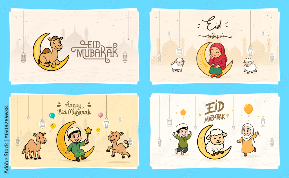 Eid al-Adha cartoon vector illustrations with children, sheep, and camels sitting on crescent moons, Arabic calligraphy, hanging lanterns, and festive decorations for Islamic holiday banners and greet Eid al-Adha cartoon vector illustrations with children, sheep, and camels sitting on crescent moons, Arabic calligraphy, hanging lanterns, and festive decorations for Islamic holiday banners and greet