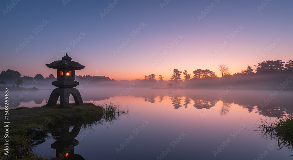 Fototapeta premium Serene Sunrise at Japanese Garden with Stone Lantern and Misty Lake Reflection