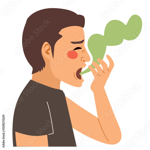 Cartoon of a man in profile smelling his own bad breath. Drawing for oral hygiene or halitosis awareness
