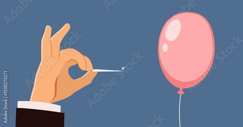Cartoon illustration of a businessman popping a bubble and facing failure. Concept for business risks or investment collapse.