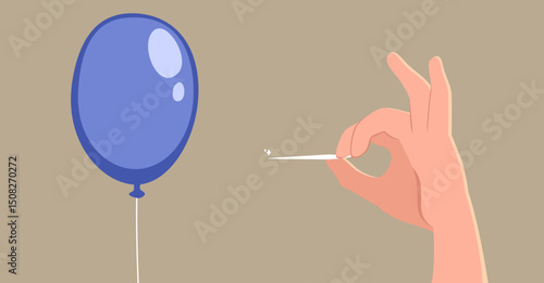 Cartoon vector illustration of a male hand popping a bubble, symbolizing risk or business failure. Metaphor for illustrating economic or financial crises