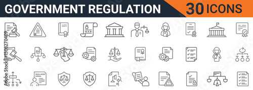 Government Regulation Line Icons, Law, Justice, Policy, Bureaucracy, and Legal Document Outline Vector Symbols