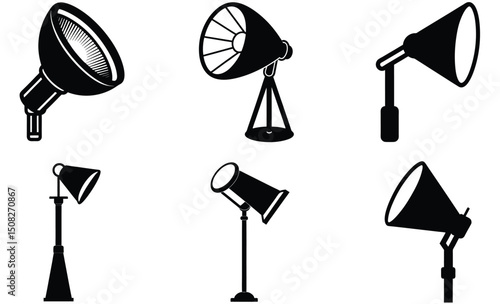Flood Lamp Silhouette Vector Set – Powerful Outdoor Lighting Illustration, Stadium Spotlight Icon, Industrial Security Beam Design Elements

