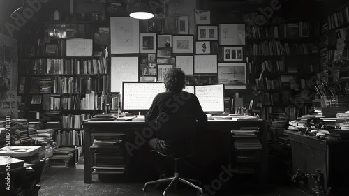 Modern Office Worker Sitting at Desk with Computer