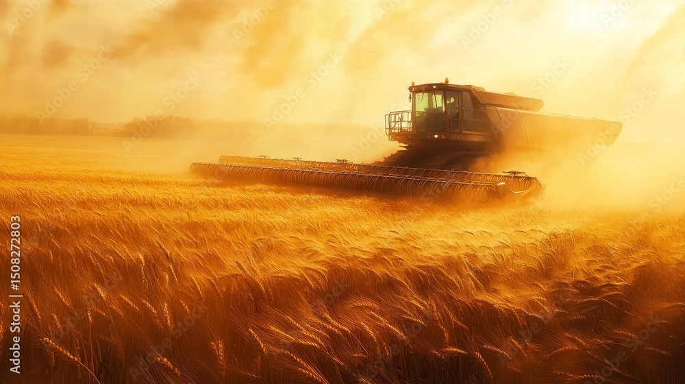 Fototapeta premium Combine harvester in a wheat field at sunset agricultural scene golden light.