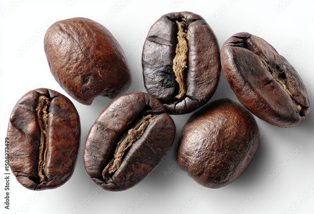 Fototapeta premium Coffee beans are stacked on top of each other on a white surface