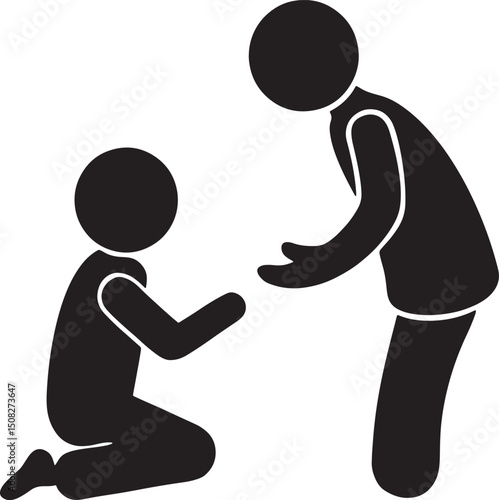 Helping Hand: A simple yet powerful pictogram depicting an adult offering assistance to a kneeling child, symbolizing care, support, and compassion.