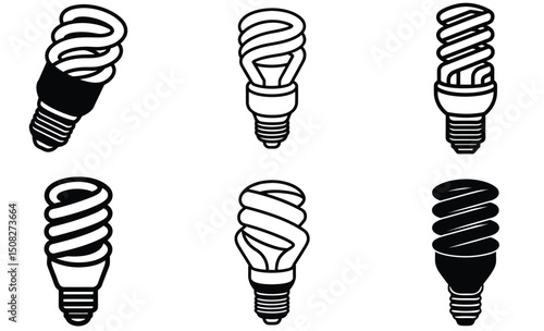 Compact Fluorescent Light Bulb Silhouette Vector Set – Spiral CFL Lamp Icon, Eco-Friendly Energy Saving Lighting Design, Minimal Household Electric Fixture

