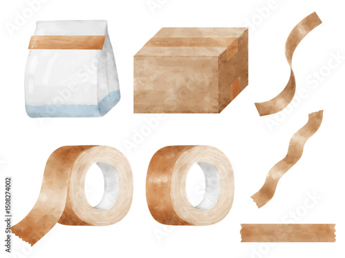 水彩画風のダンボールとガムテープと紙袋のイラストセット