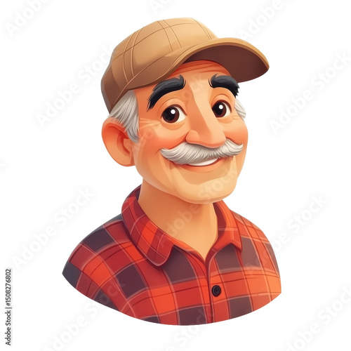 Charming Cartoon Portrait: A Friendly Man with a Plaid Shirt and Cap, Radiating Happiness and Vintage Style in a Cheerful Illustration