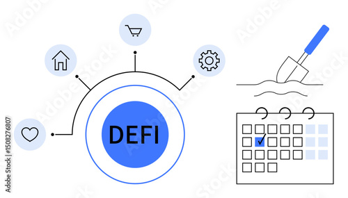 Circular DEFI hub links love, home, shopping, and tech icons. Calendar with marked date and shovel represent blockchain development. Ideal for finance, blockchain, network, decentralized tech