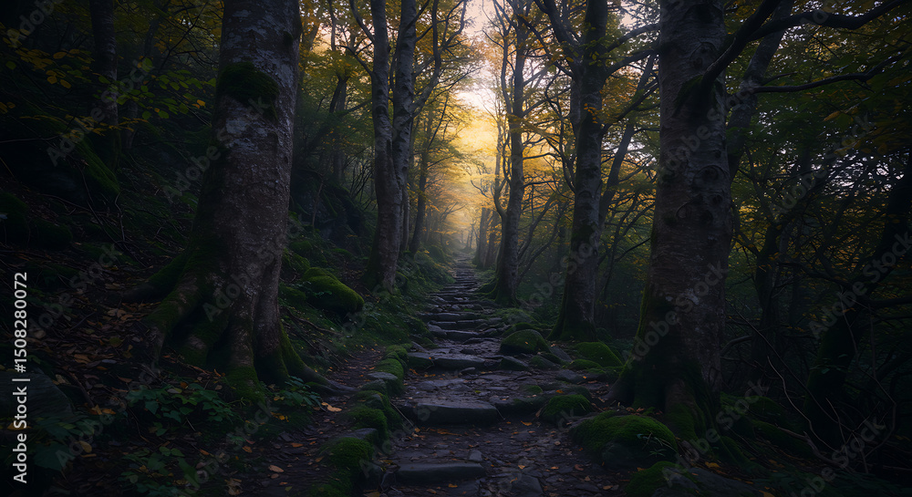 Obraz premium Enchanting Stone Stairway in a Mysterious Autumn Forest Path