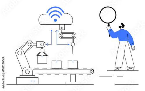 Robotic arm operating on a conveyor belt, cloud with wireless, person analyzing with magnifier. Ideal for technology, innovation, manufacturing, IoT, data analysis industry 4.0 simple landing page
