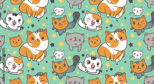 Adorable Cartoon Cats Seamless Pattern Cute Kittens Stars Pastel Green Background