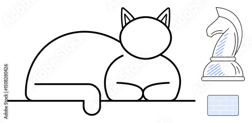 Minimalist sleeping cat with simple geometric lines, chess knight piece, and a small brick rectangle. Ideal for creativity, strategy, pet care, minimalism, relaxation play design. Flat simple